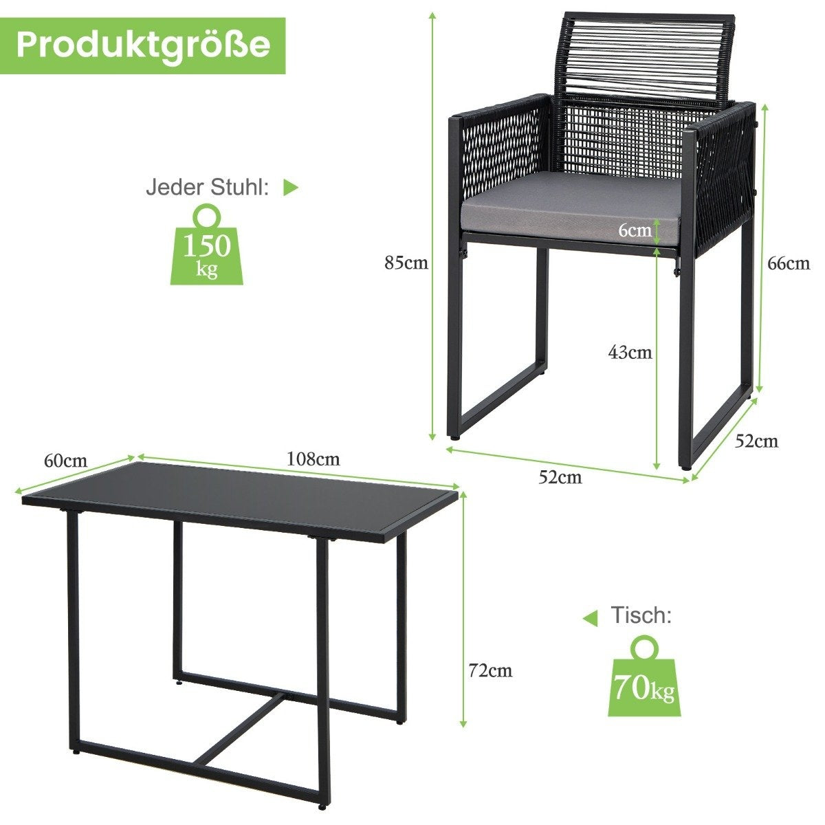 3 Piece Outdoor Dining Set with Folding Backrest & Seat Cushion Patio Furniture Set