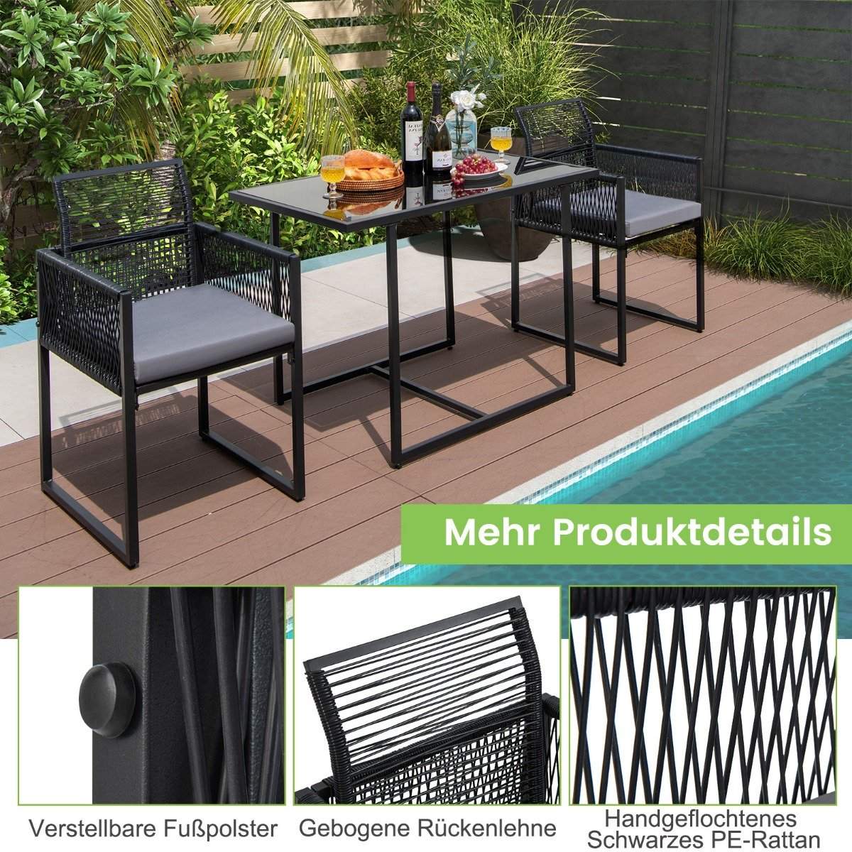 3 Piece Outdoor Dining Set with Folding Backrest & Seat Cushion Patio Furniture Set