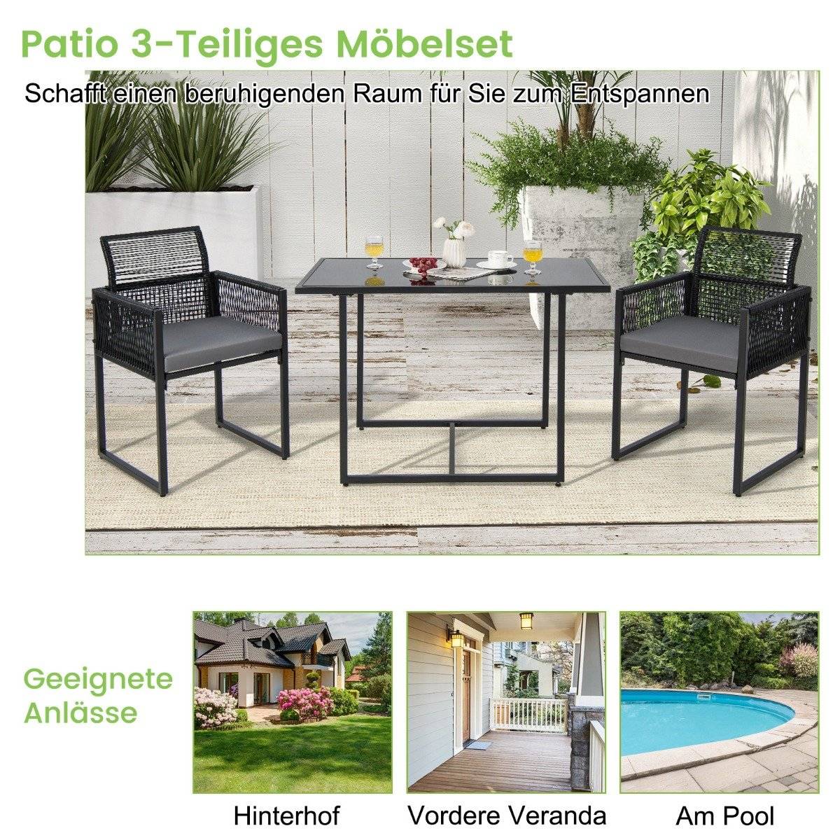 3 Piece Outdoor Dining Set with Folding Backrest & Seat Cushion Patio Furniture Set