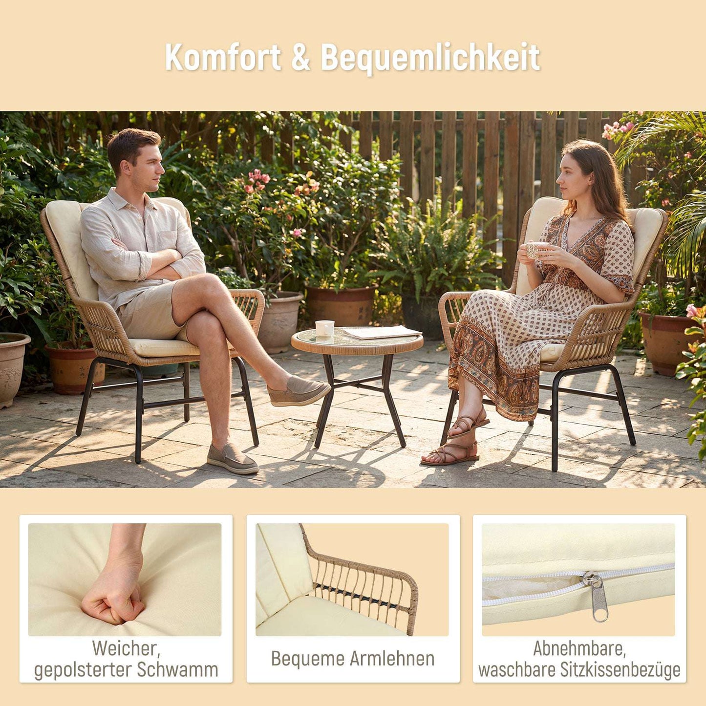 3-Piece PE Rattan Patio Set with Cushions, Beige