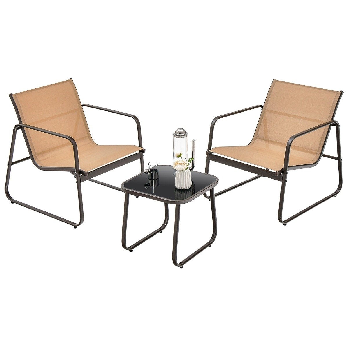 3 Piece Patio Conversation Set Outdoor Metal Chair and Table Set Brown