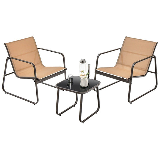3 Piece Patio Conversation Set Outdoor Metal Chair and Table Set Brown