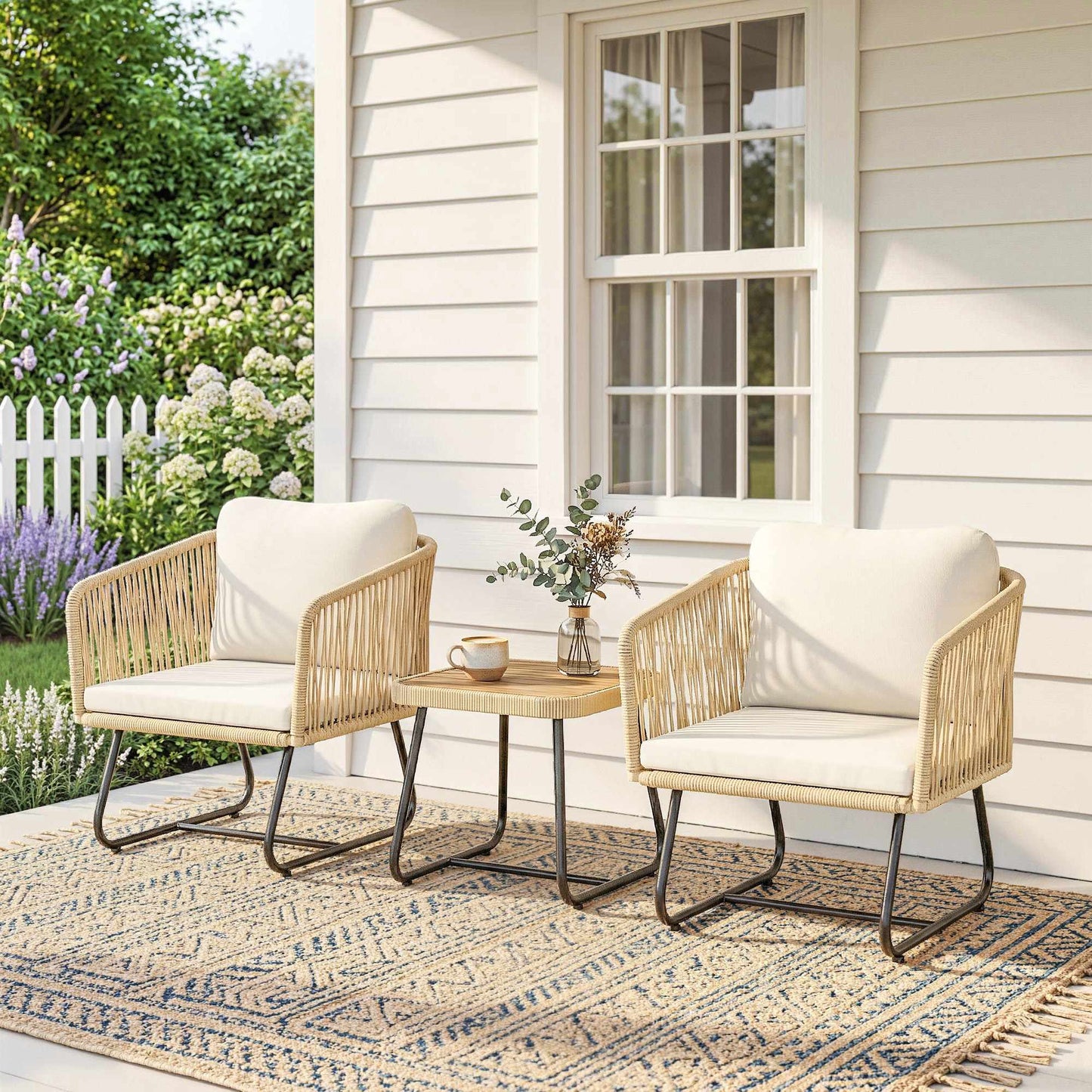 3-Piece Rattan Bistro Set with Cushions and Wood Table