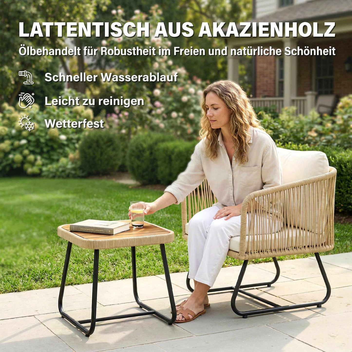 3-Piece Rattan Bistro Set with Cushions and Wood Table