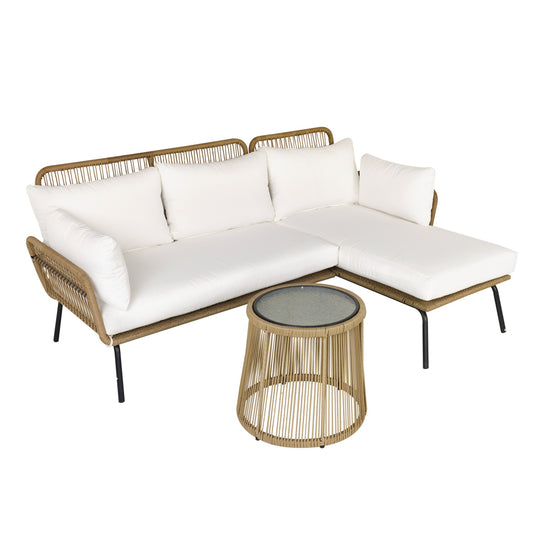 Rattan garden furniture, sofa with chaise longue and table
