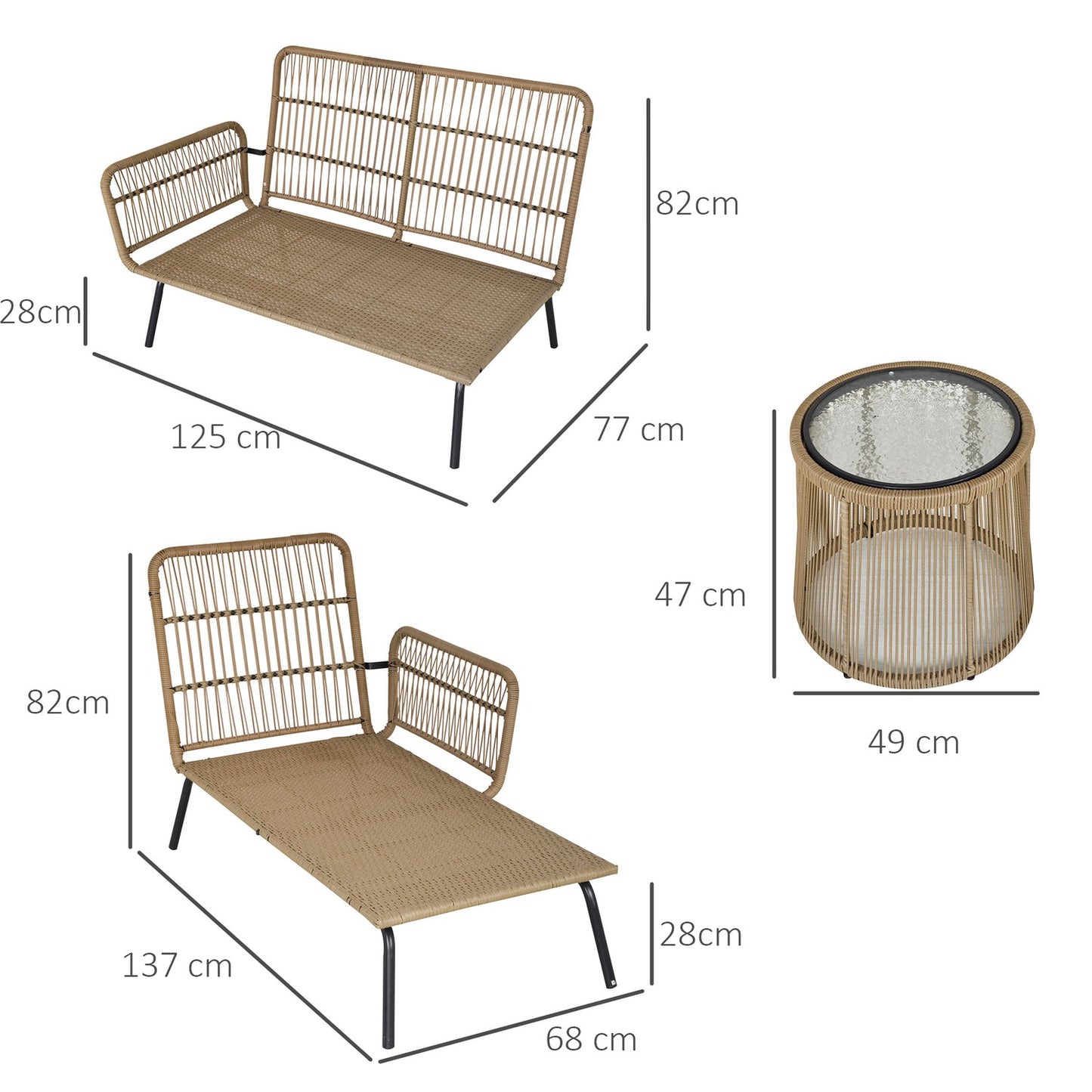 Rattan garden furniture, sofa with chaise longue and table