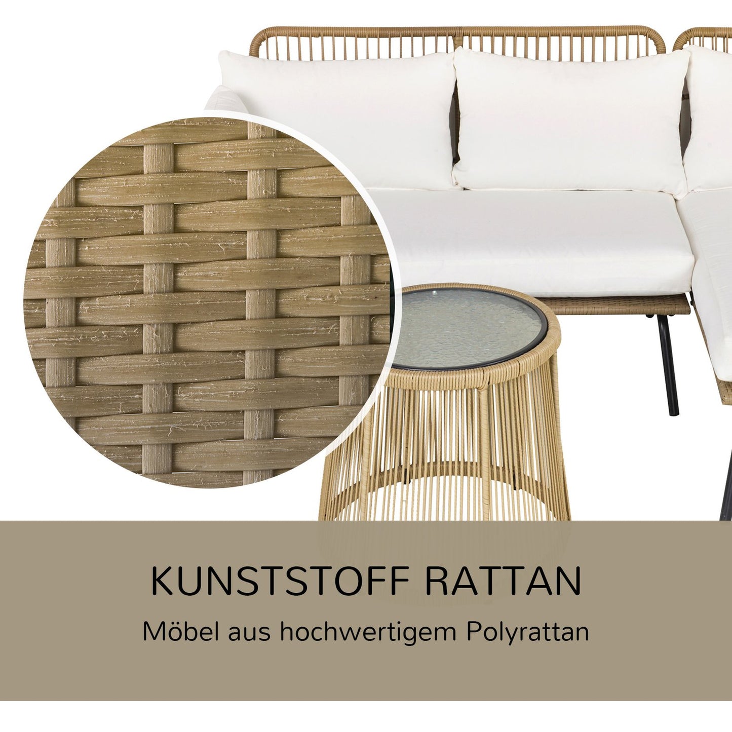 Rattan garden furniture, sofa with chaise longue and table