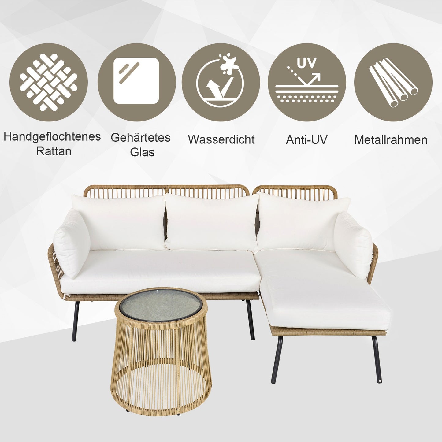 Rattan garden furniture, sofa with chaise longue and table