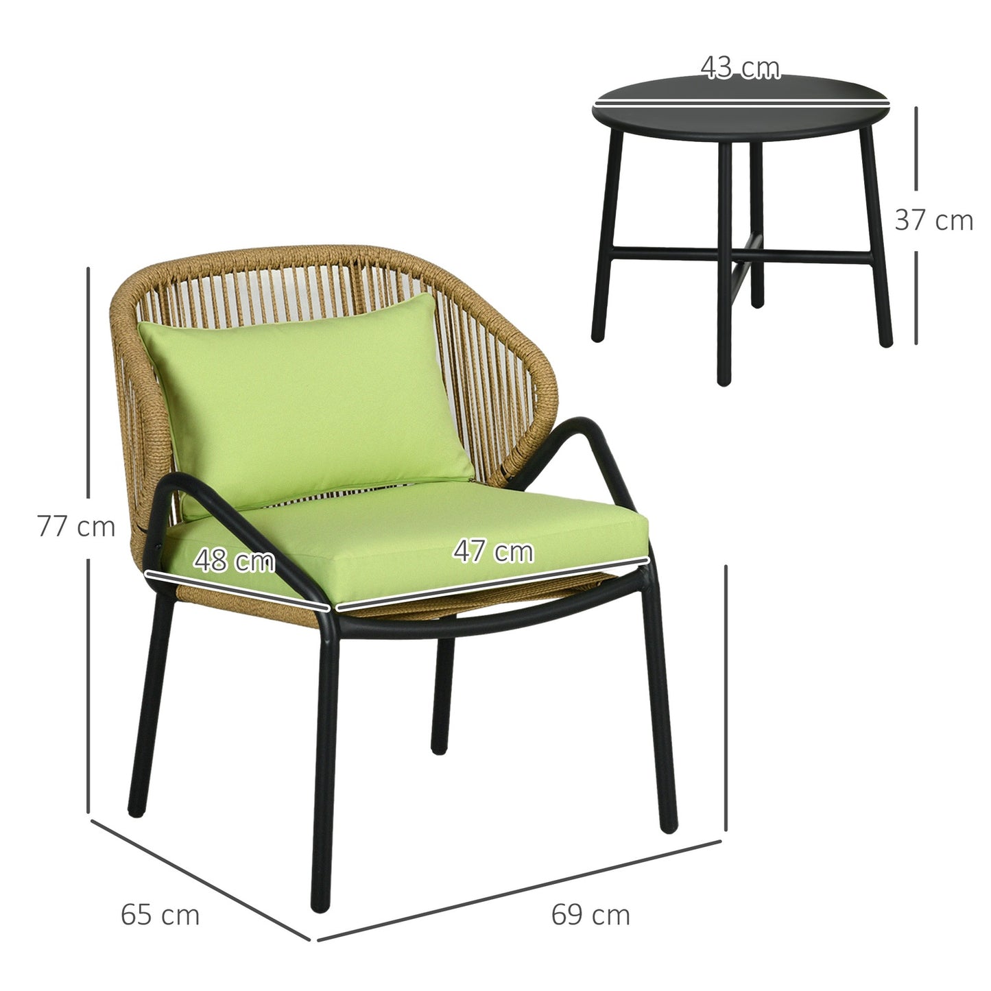 Rattan garden set: 2 chairs and table, cushions included