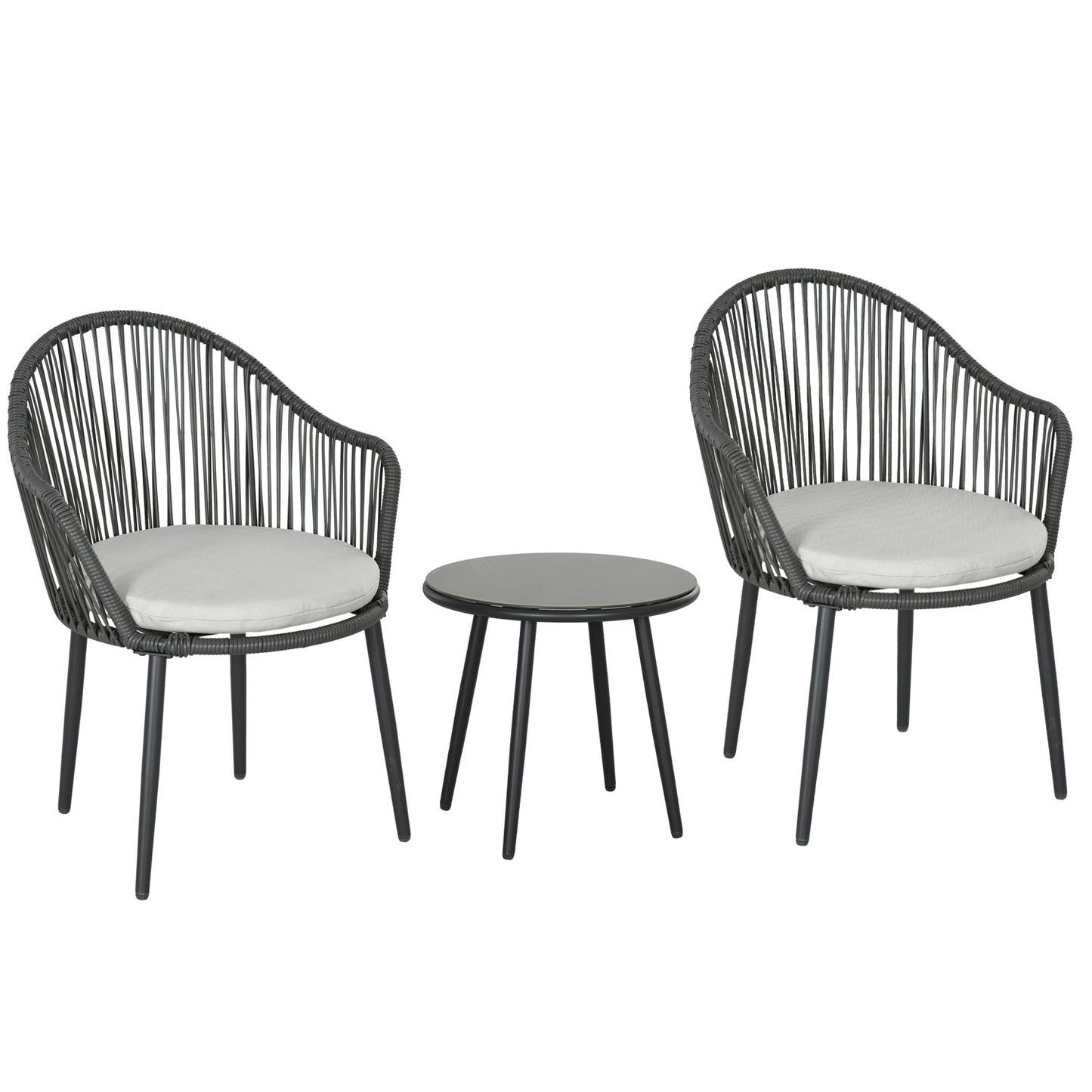 Rattan garden furniture - 2 chairs and table, cushions included