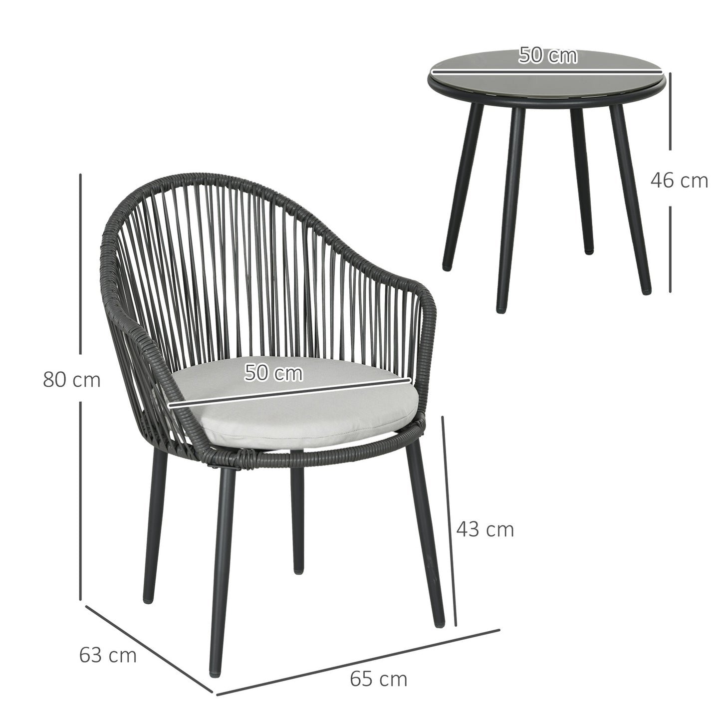 Rattan garden furniture - 2 chairs and table, cushions included