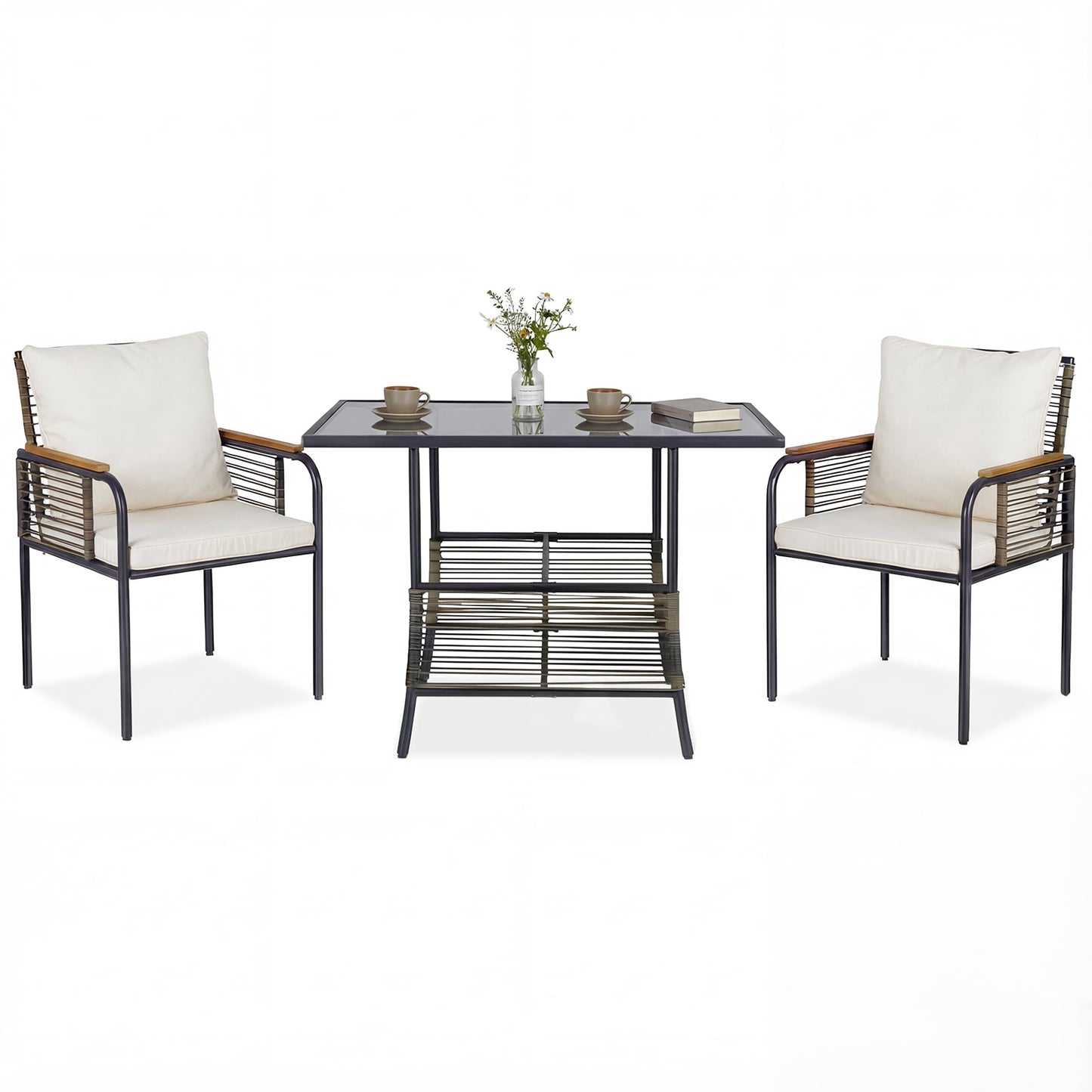 3-Piece Rattan Outdoor Dining Set with Cushions
