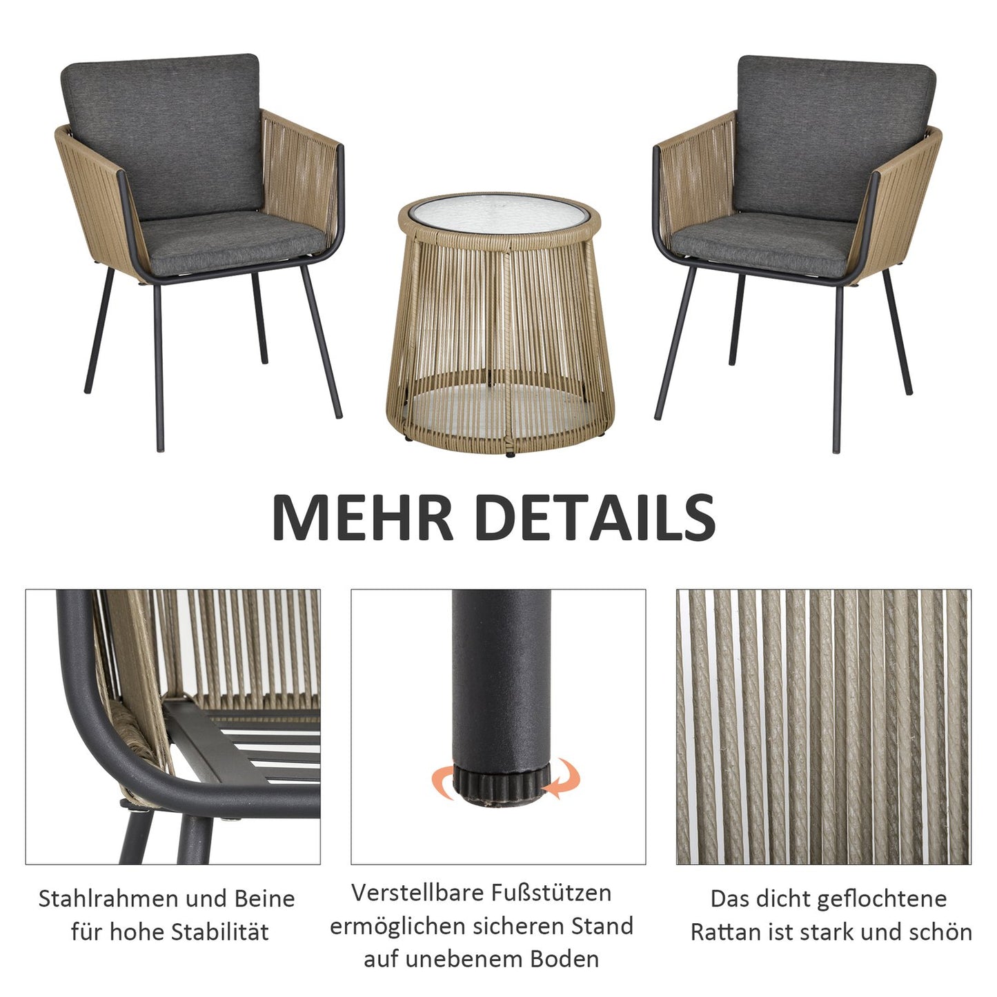 3-Piece Rattan Patio Set, 2 Chairs & Table, Gray
