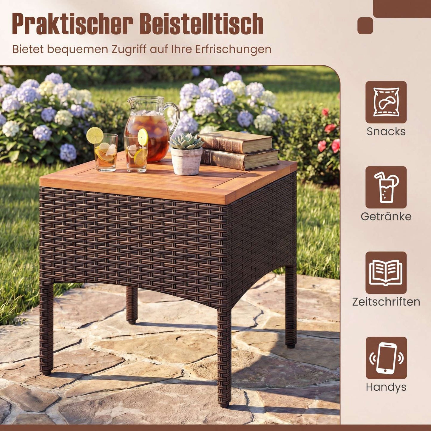 3-Piece Rattan Patio Set with Acacia Table and Cushions