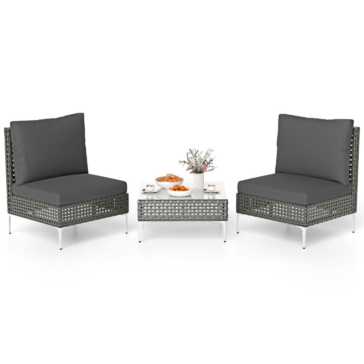 3-Piece Rattan Patio Set with Cushions & Table, Gray