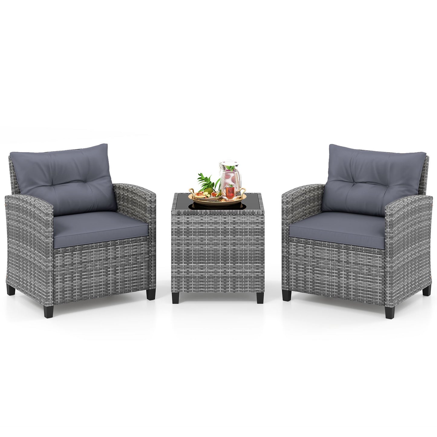 3-Piece Rattan Patio Set with Cushions and Glass Table