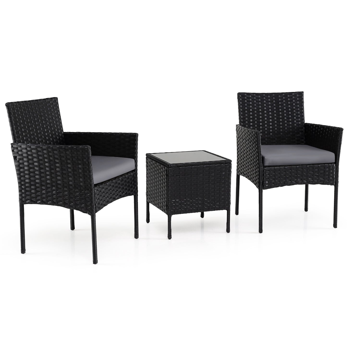 3-Piece Rattan Patio Set with Cushions and Glass Table
