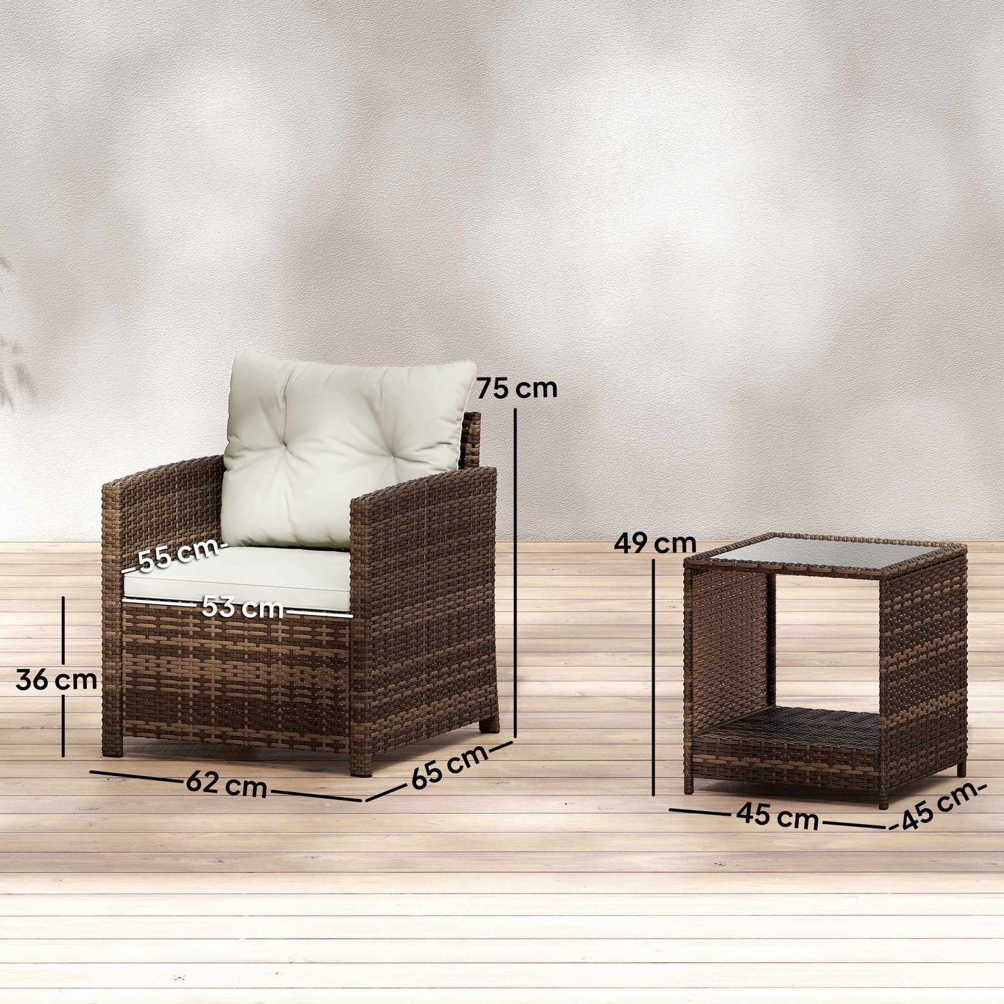 3-Piece Rattan Patio Set with Cushions and Glass Table