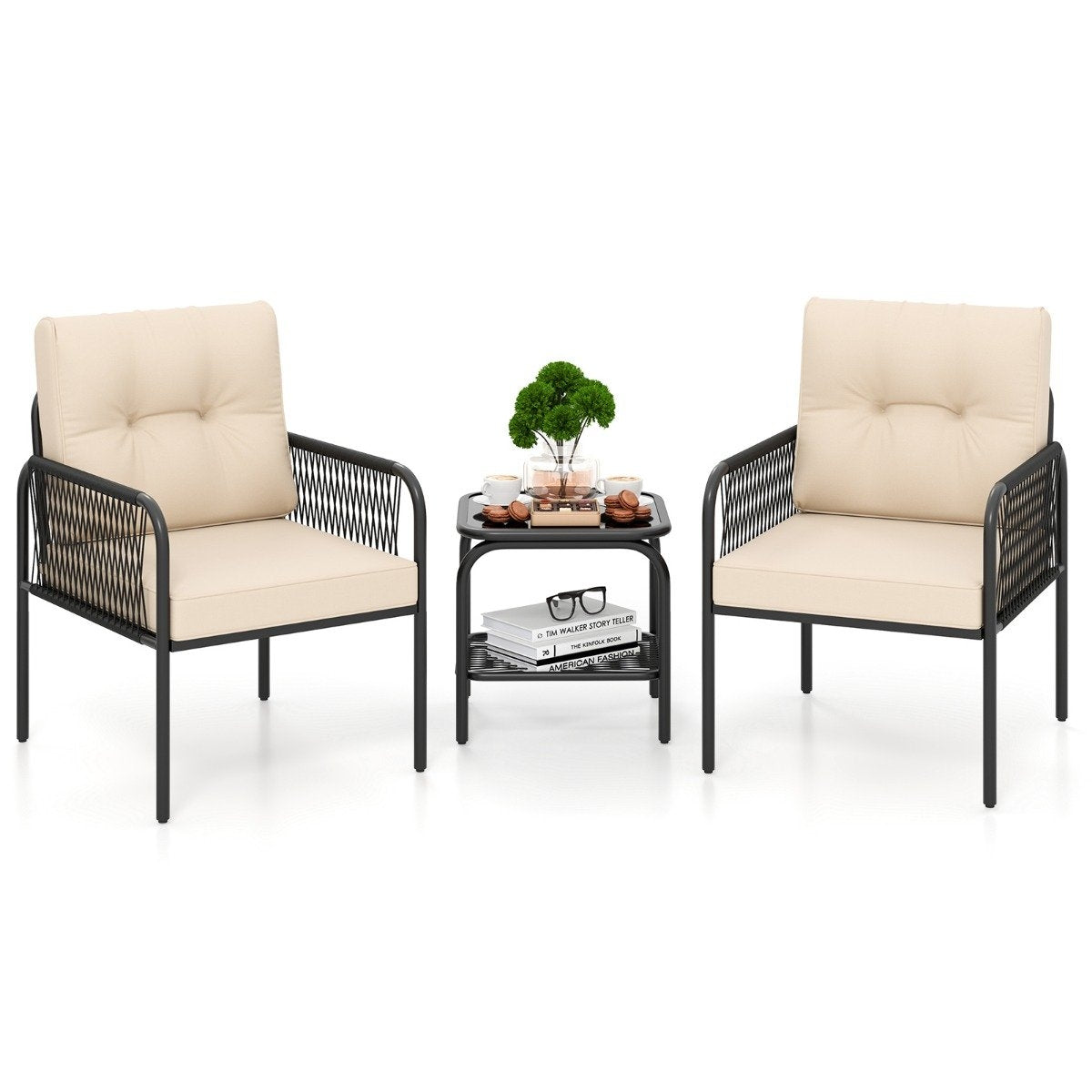 3-Piece Rattan Patio Set with Cushions and Table