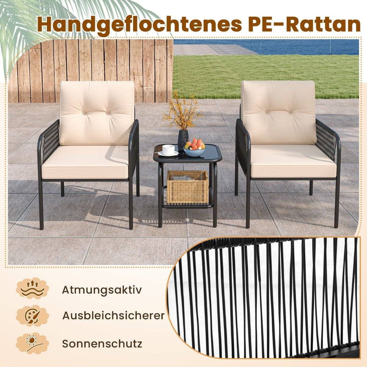 3-Piece Rattan Patio Set with Cushions and Table