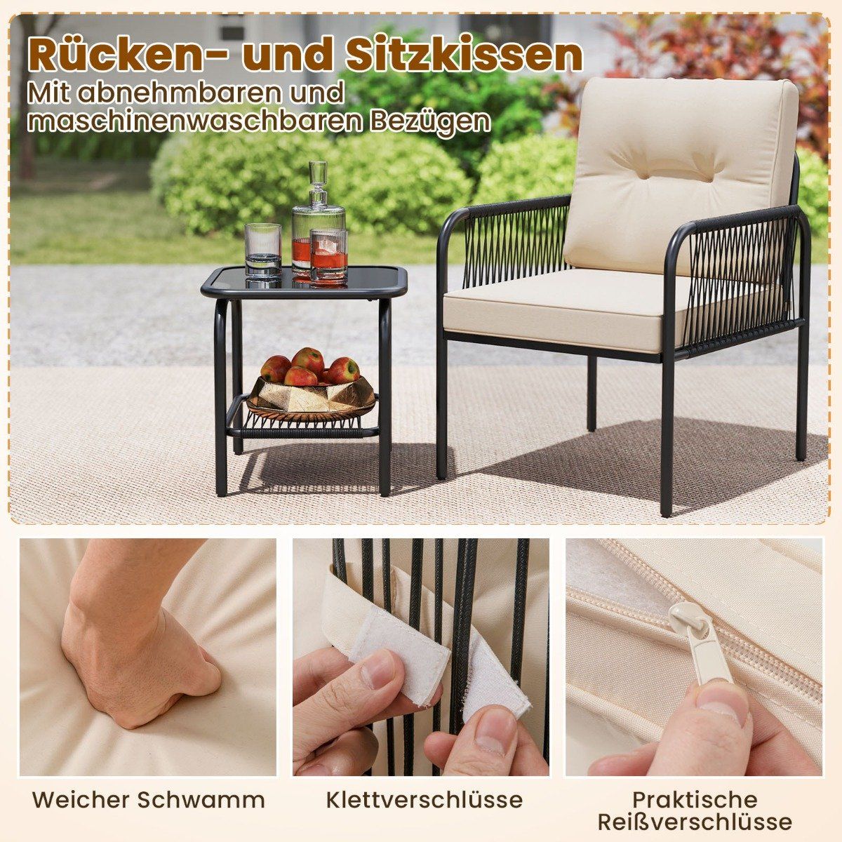 3-Piece Rattan Patio Set with Cushions and Table
