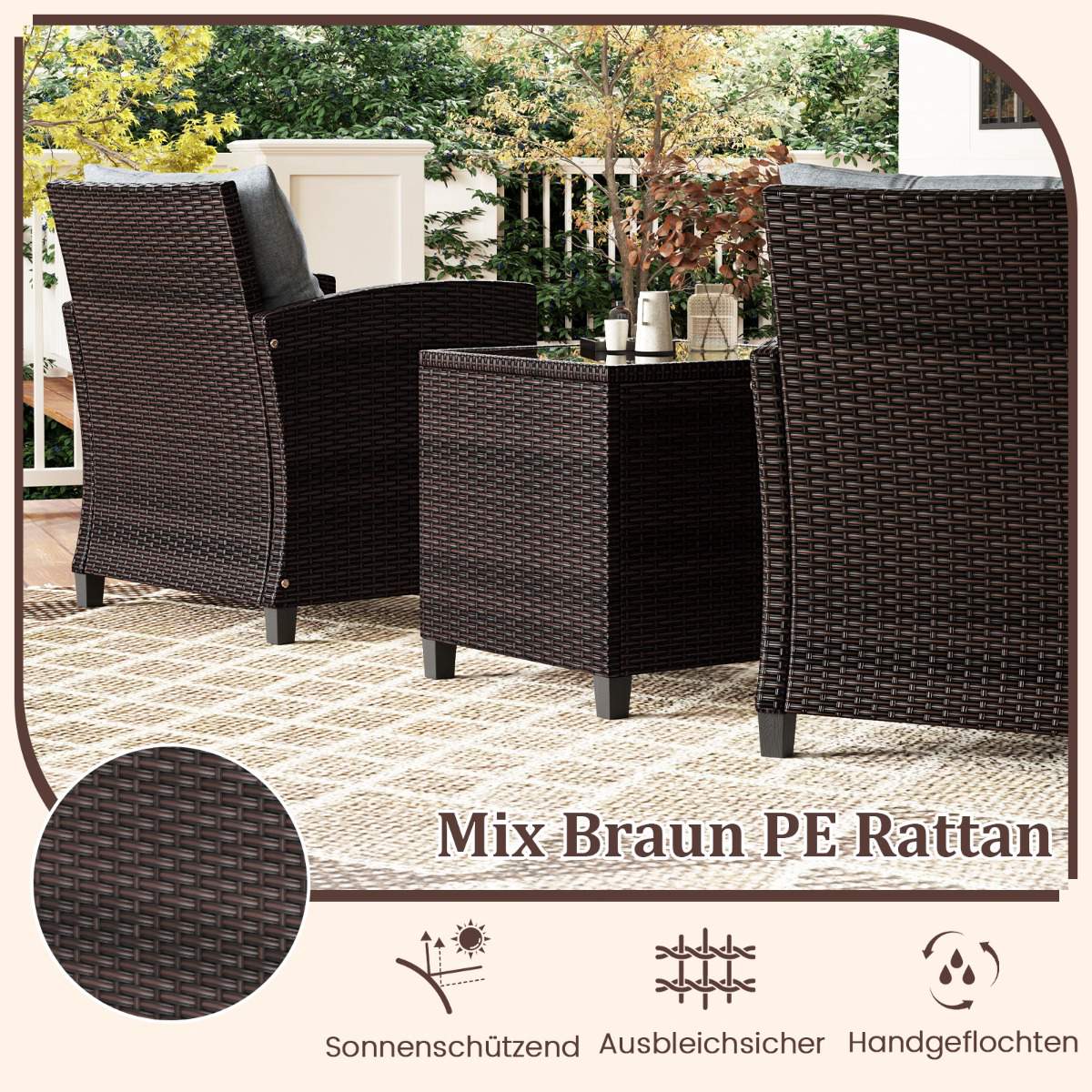 3-Piece Rattan Patio Set with Cushions and Table