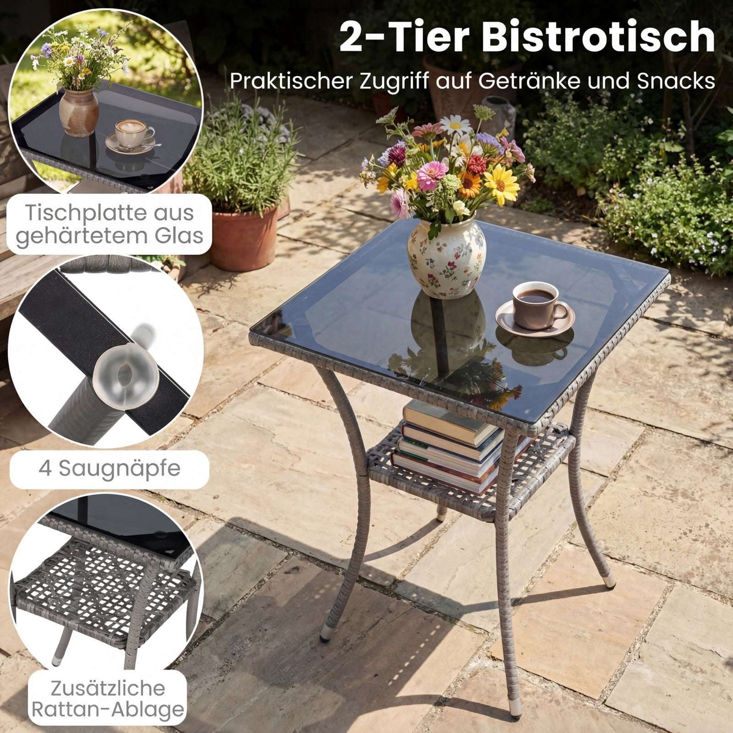 3-Piece Rattan Patio Set with Glass Table and Cushions
