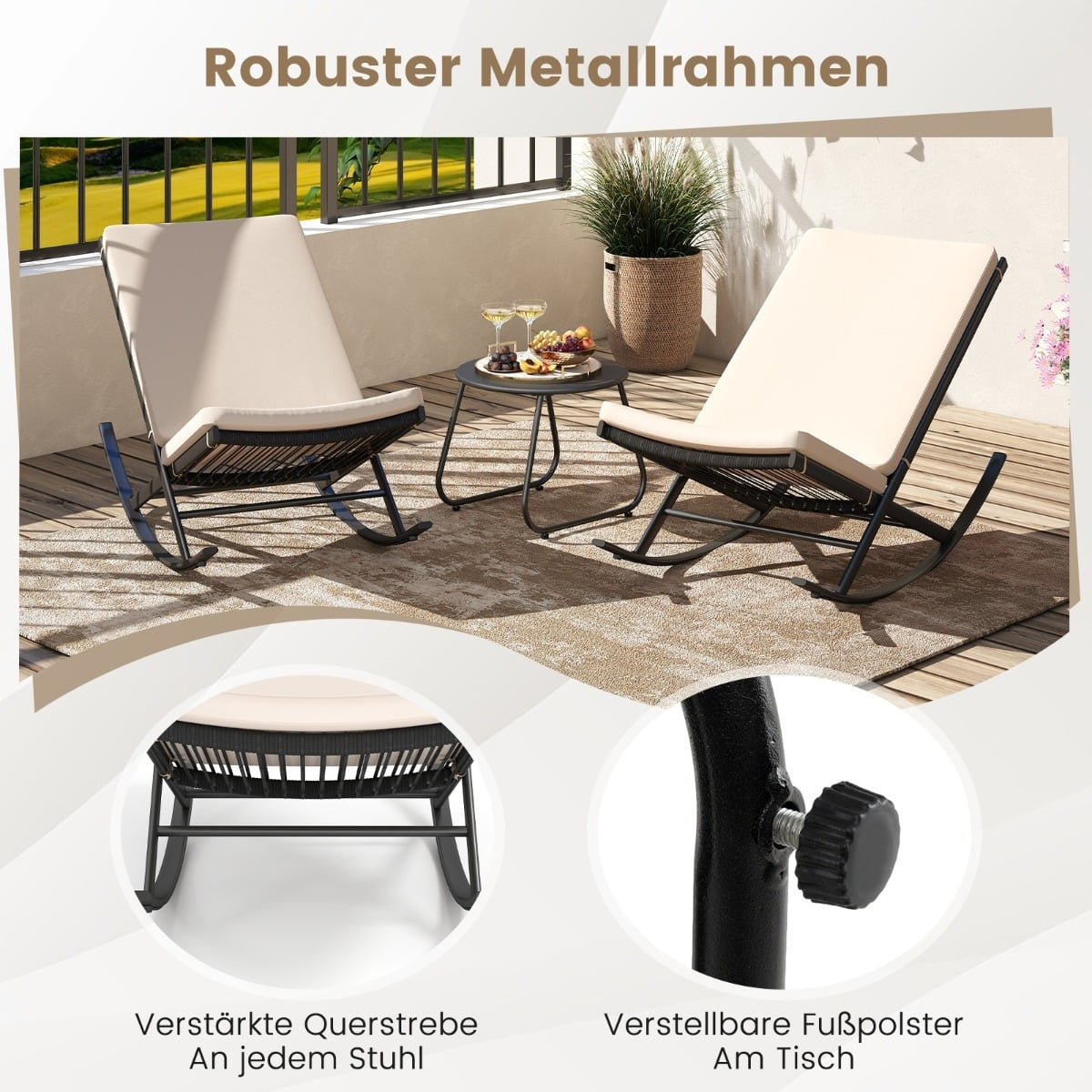 3-Piece Rattan Patio Set with Rocking Chairs & Table