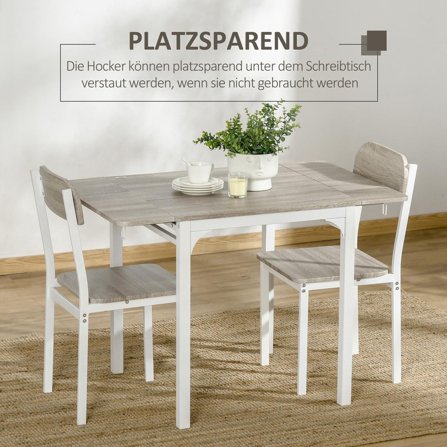 3-piece dining room set with folding table and chairs, steel MDF