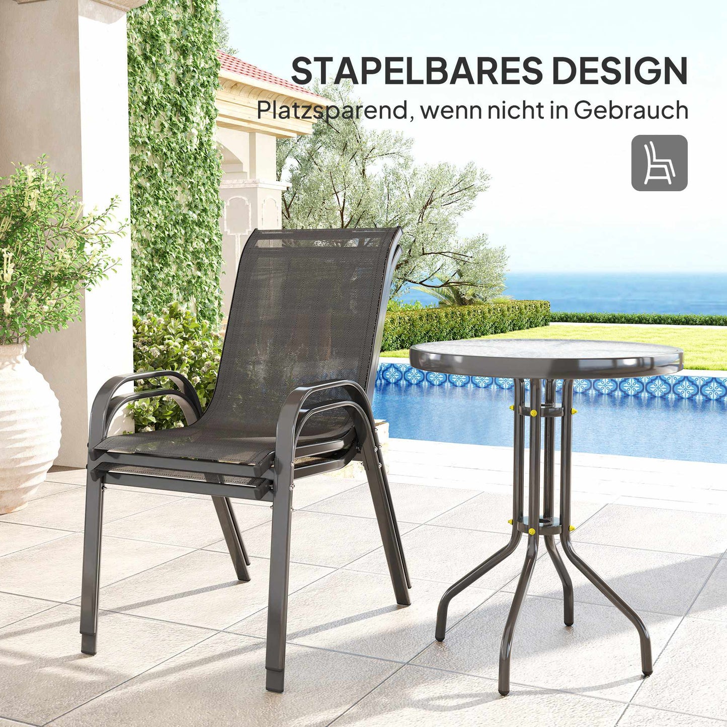 3-Piece Weatherproof Patio Set with Glass Table, Black