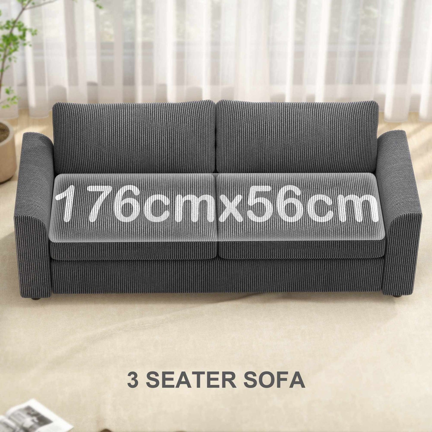 3-Seater Cord Sofa with Cushions, 212 cm, Dark Grey