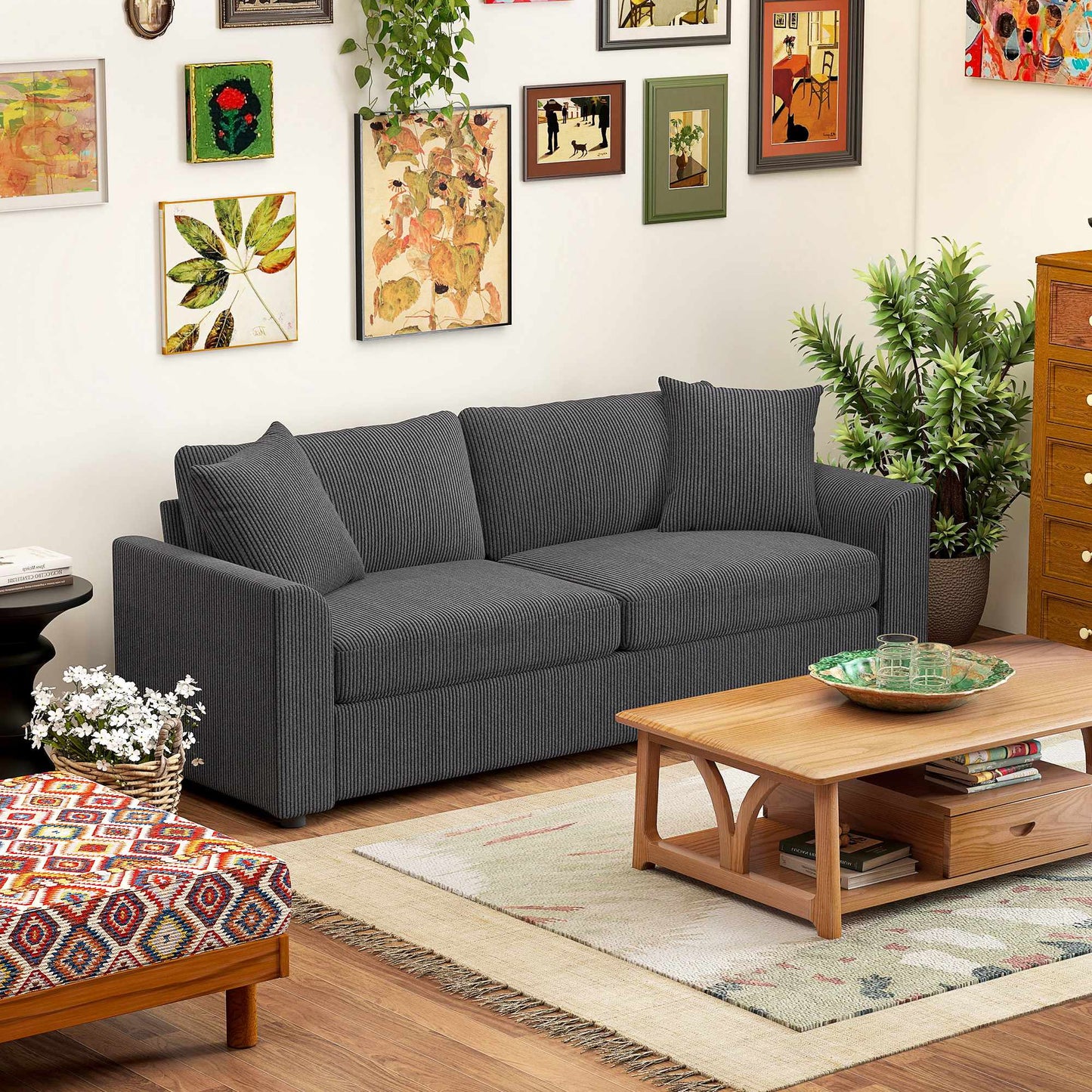 3-Seater Cord Sofa with Cushions, 212 cm, Dark Grey