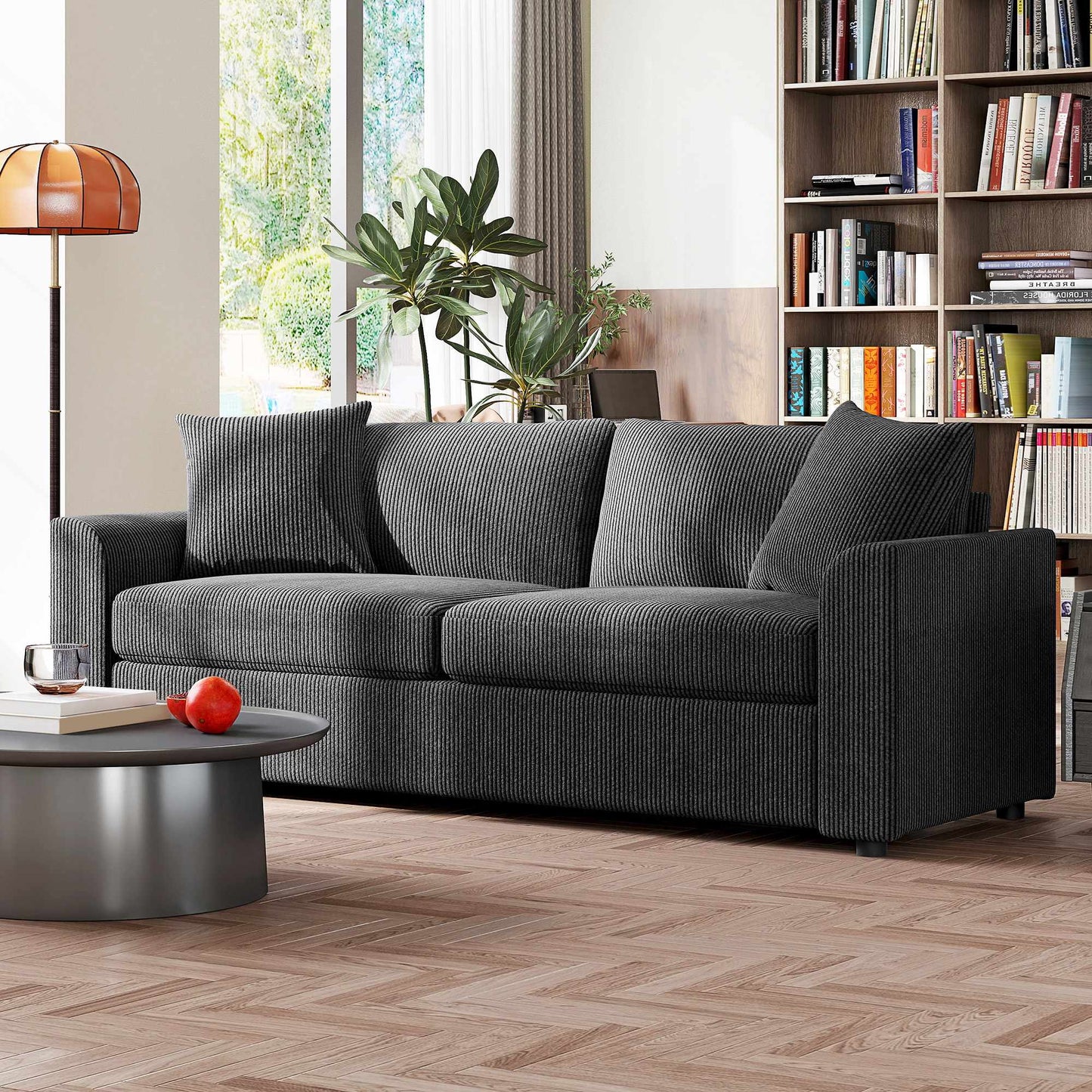 3-Seater Cord Sofa with Cushions, 212 cm, Dark Grey
