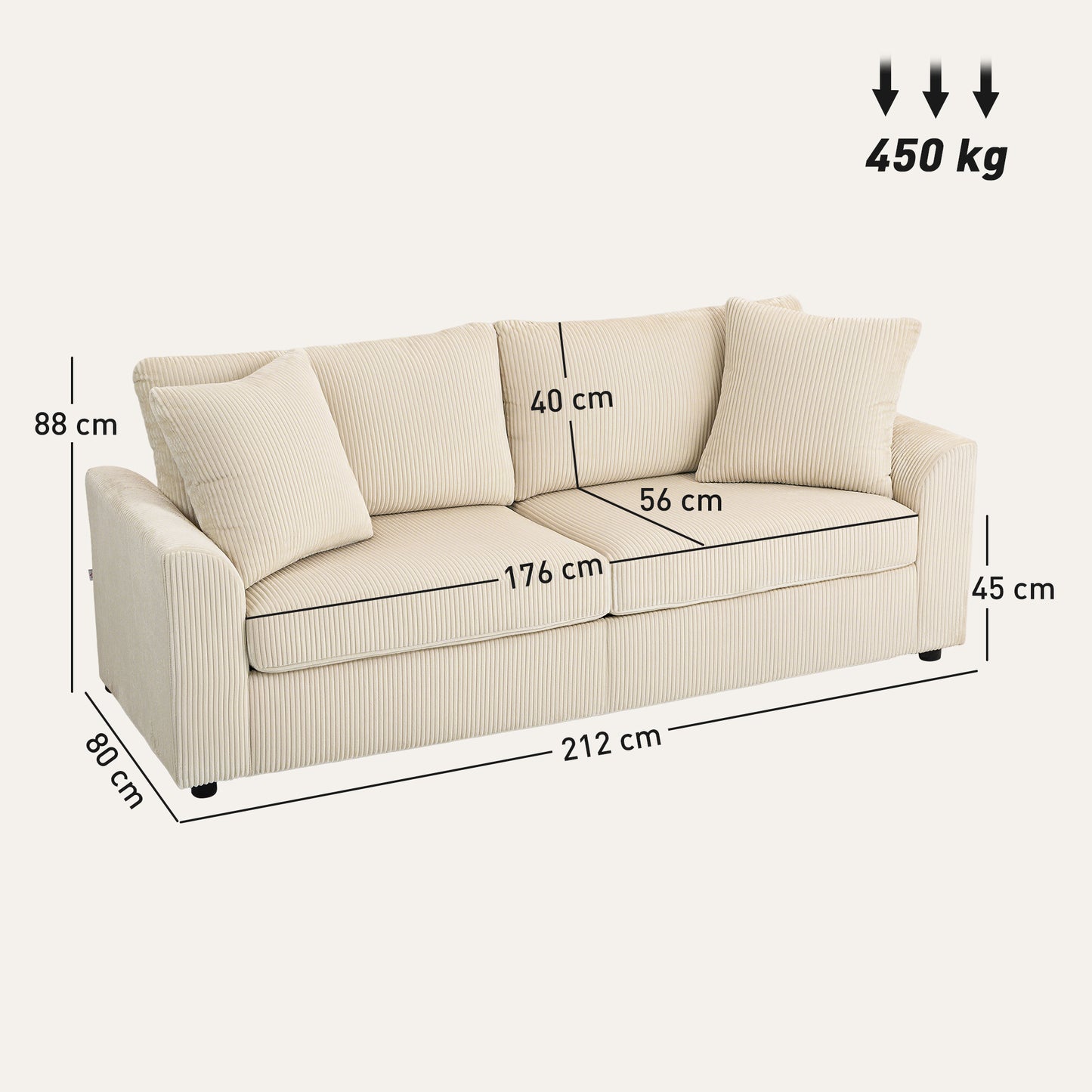 3-Seater Cord Sofa with Cushions, Cream White, 212 cm