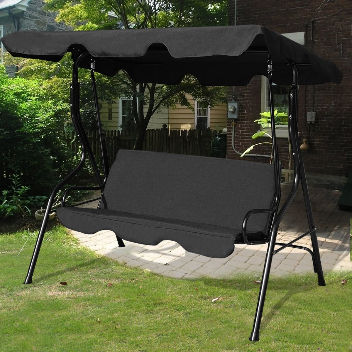 3-Seater Garden Swing with Adjustable Canopy, Green/Brown/Black