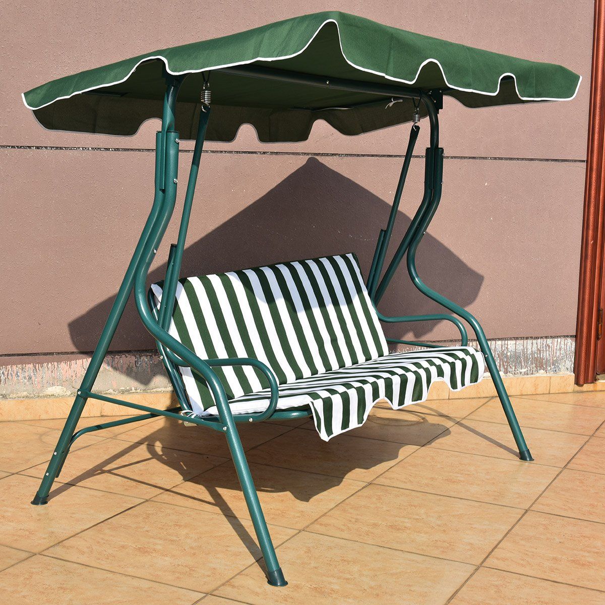 3-Seater Garden Swing with Adjustable Canopy, Green/Brown/Black