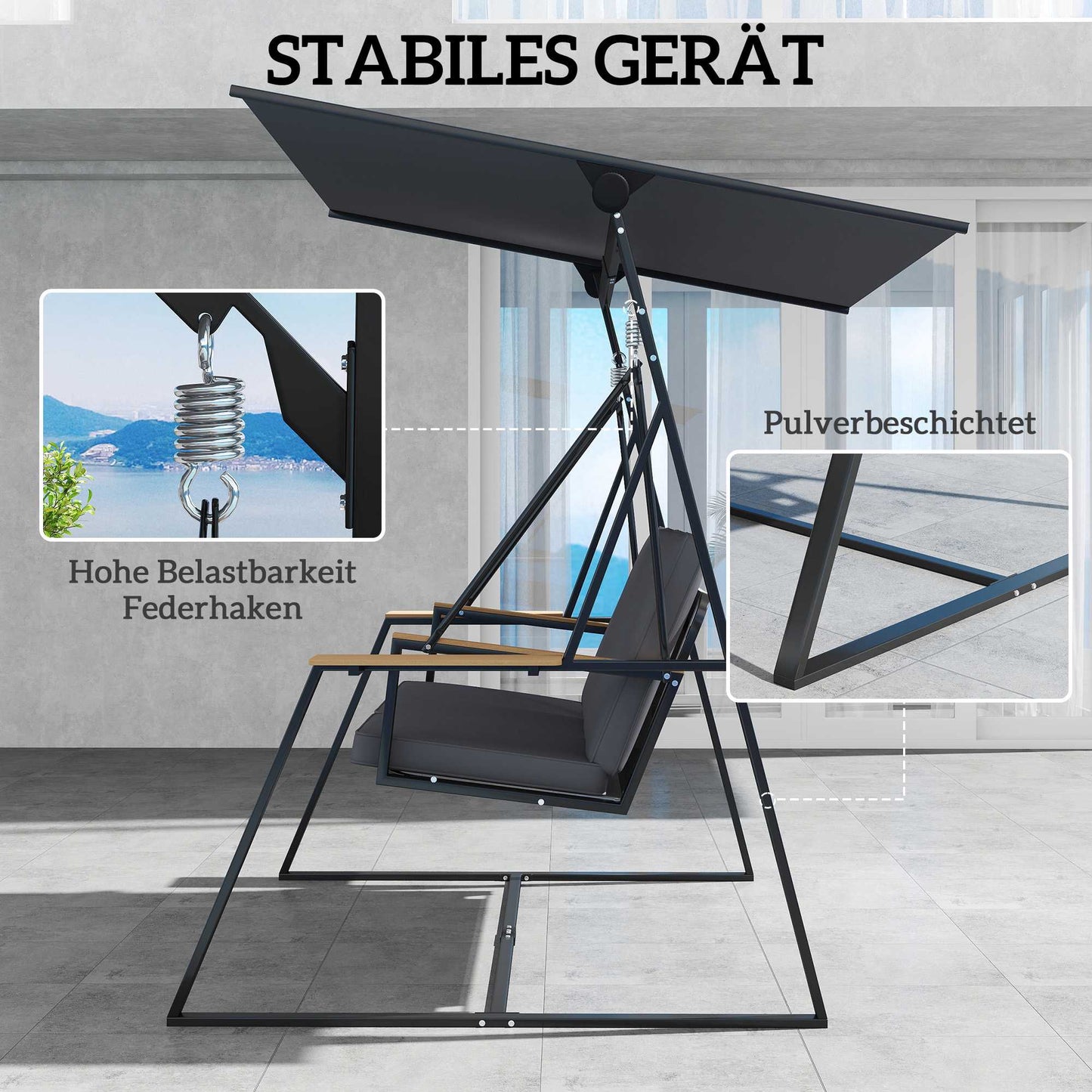 3-Seater Garden Swing with Adjustable Canopy and Trays, Grey