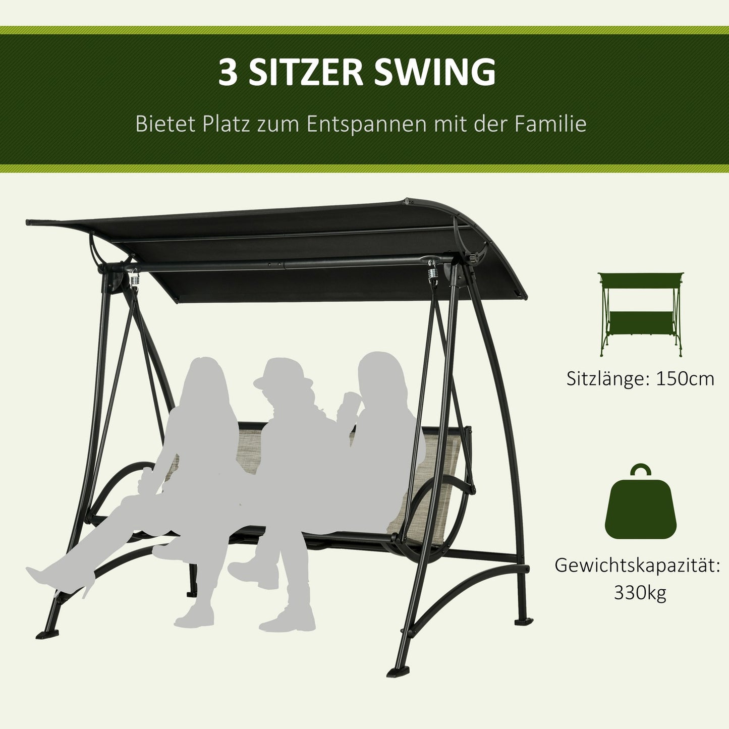 3-seater garden swing bench, UV protection, adjustable canopy