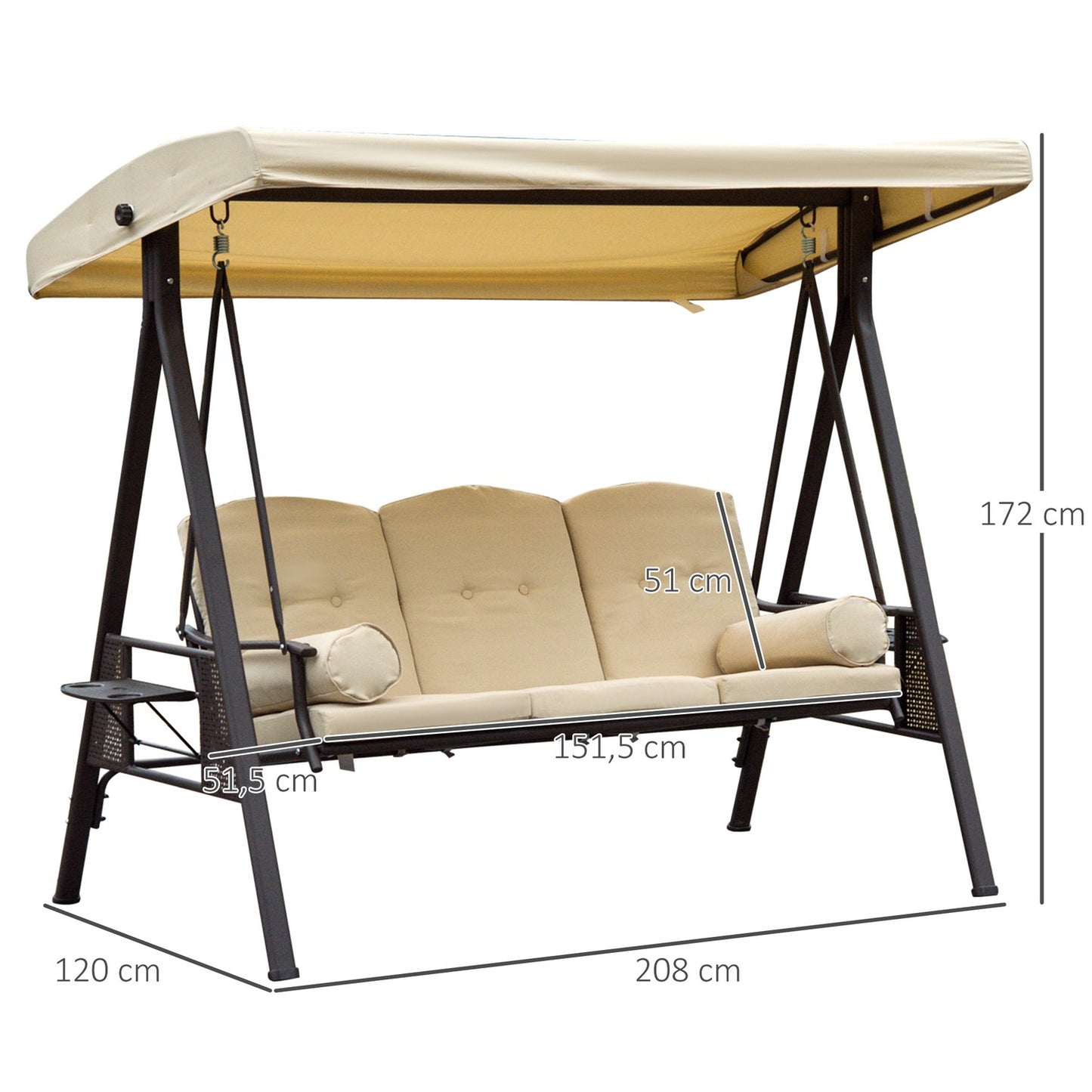 Garden swing with canopy, 3-seater, metal and polyester