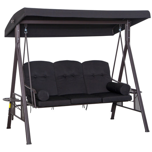 3-seat garden swing with canopy and cushions, black metal