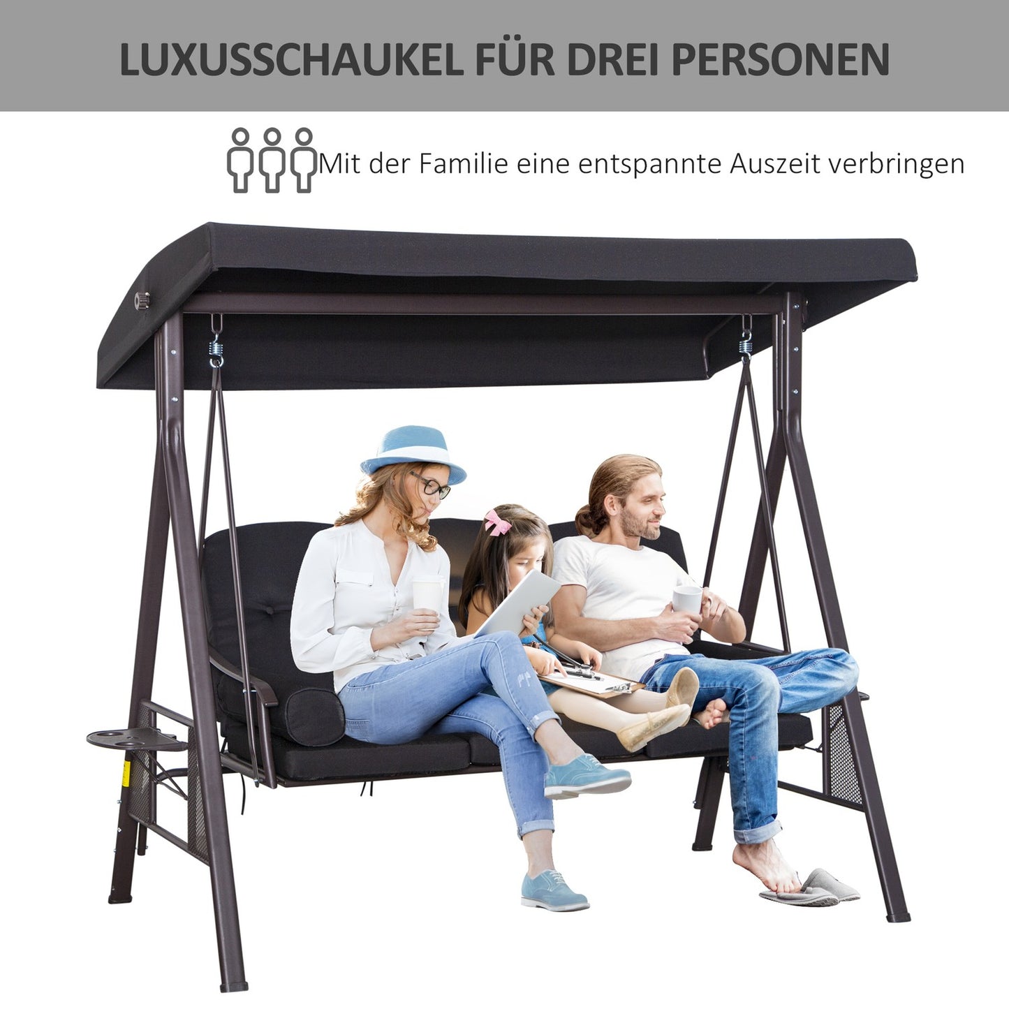 3-seat garden swing with canopy and cushions, black metal