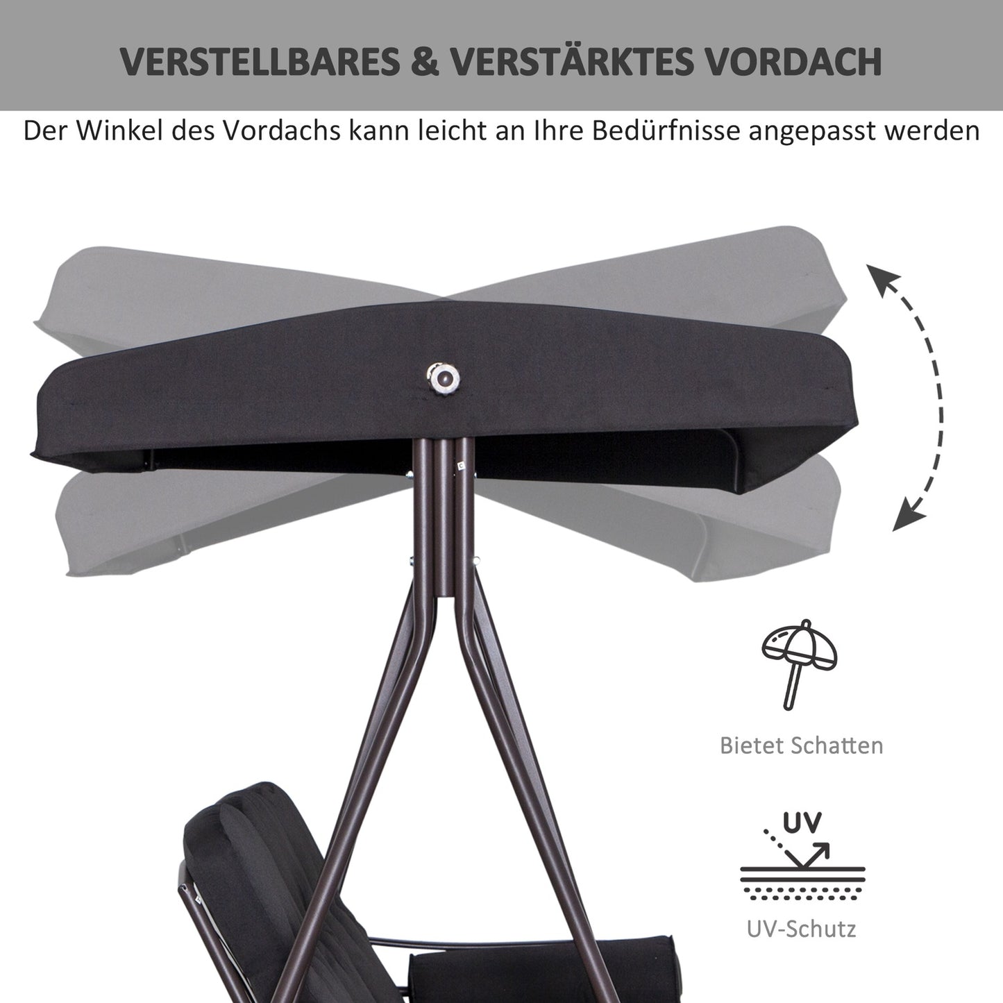3-seat garden swing with canopy and cushions, black metal