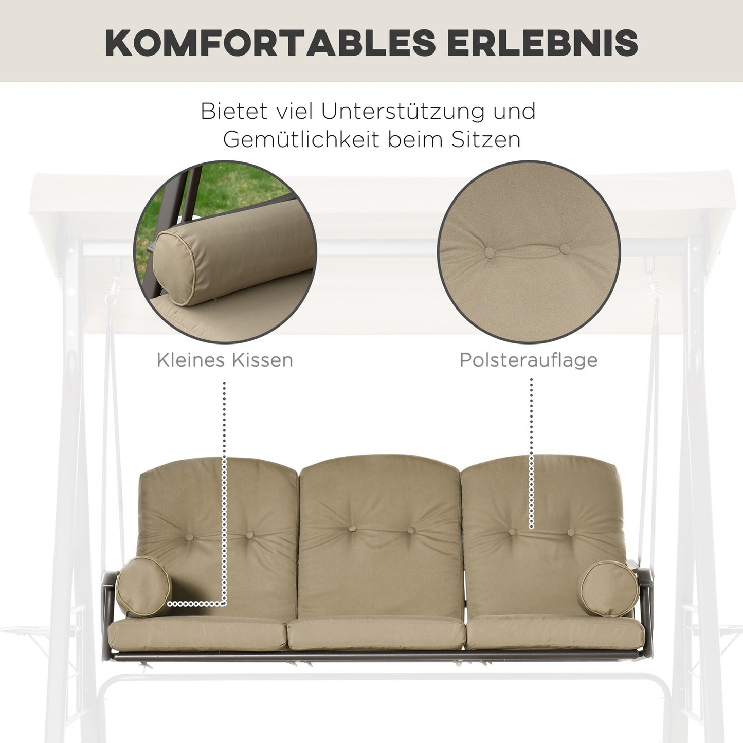 3-seat garden swing with canopy, khaki metal frame