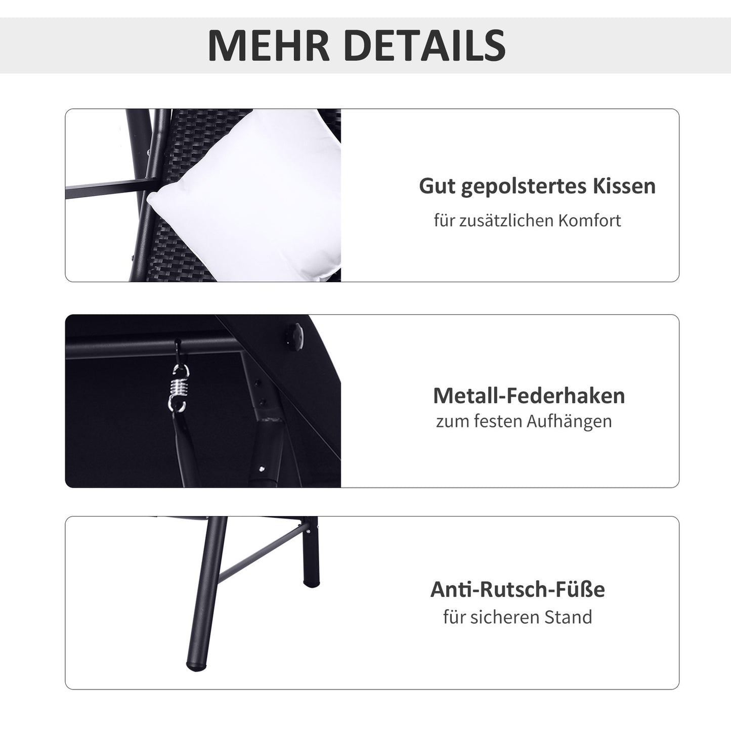 3-seat black poly rattan swing with cushion - 360 kg capacity