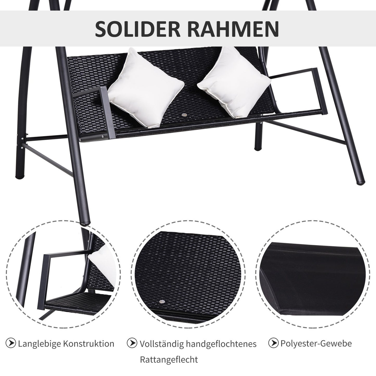 3-seat black poly rattan swing with cushion - 360 kg capacity