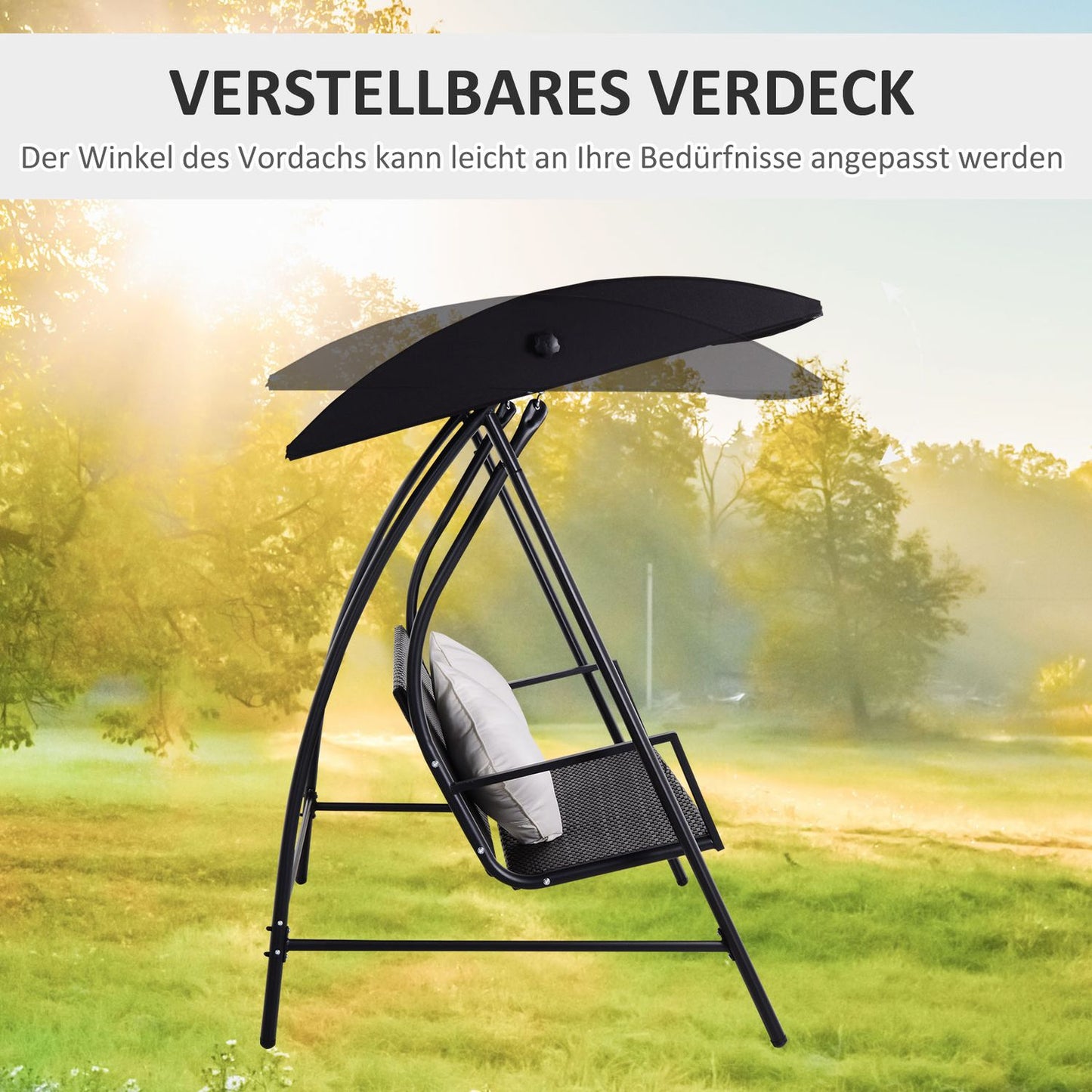 3-seat black poly rattan swing with cushion - 360 kg capacity