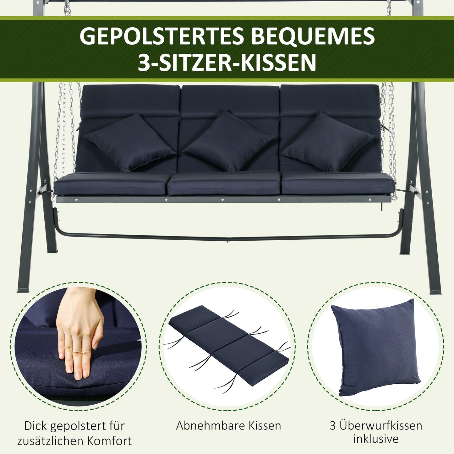 3-seat garden swing, adjustable canopy and cushions, capacity 270 kg