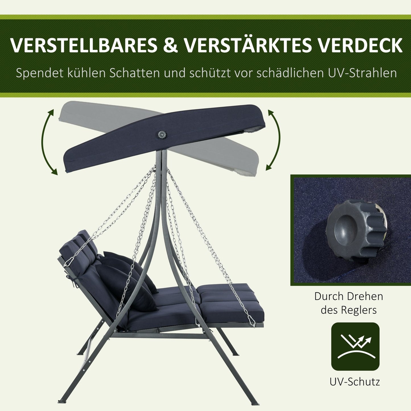 3-seat garden swing, adjustable canopy and cushions, capacity 270 kg