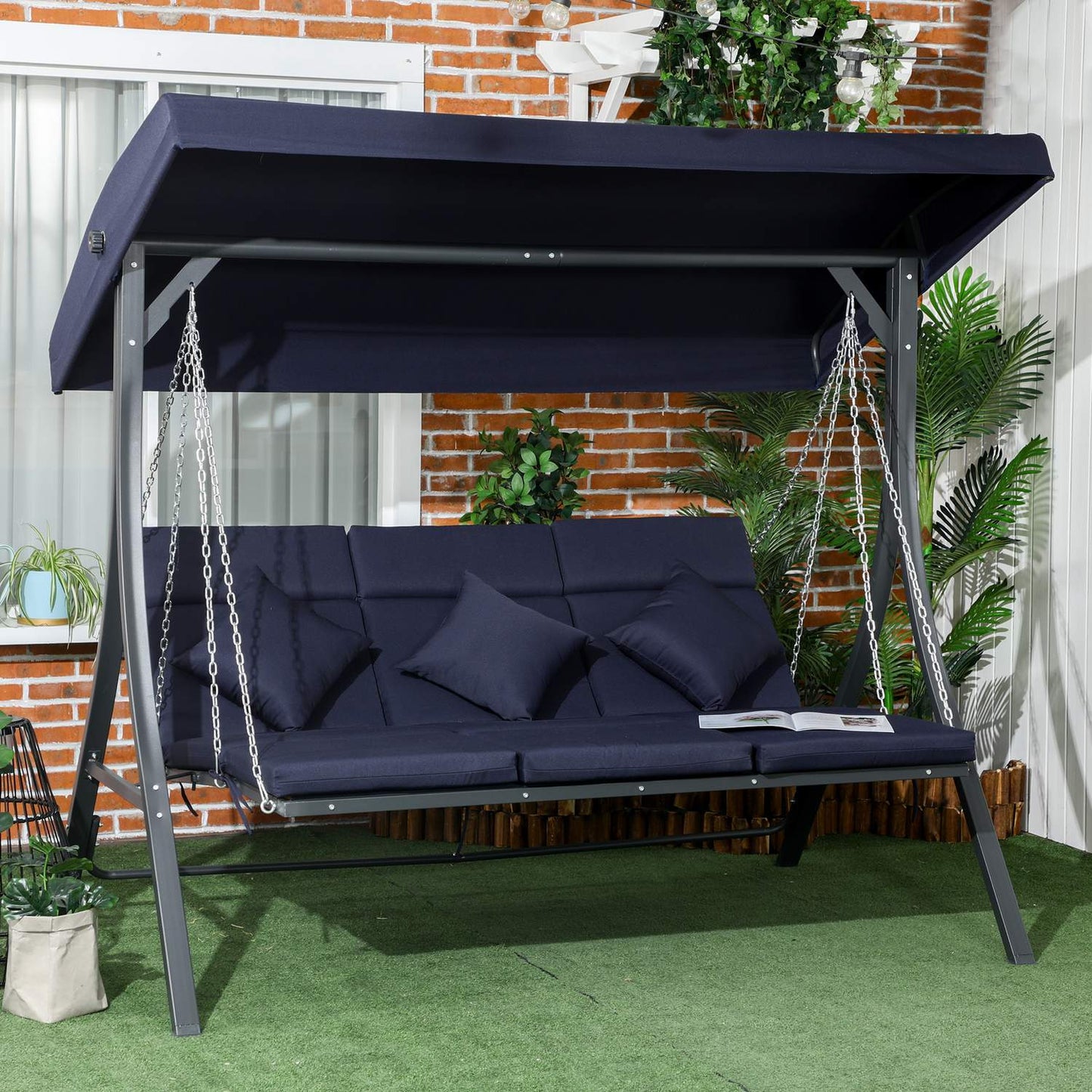 3-seat garden swing, adjustable canopy and cushions, capacity 270 kg