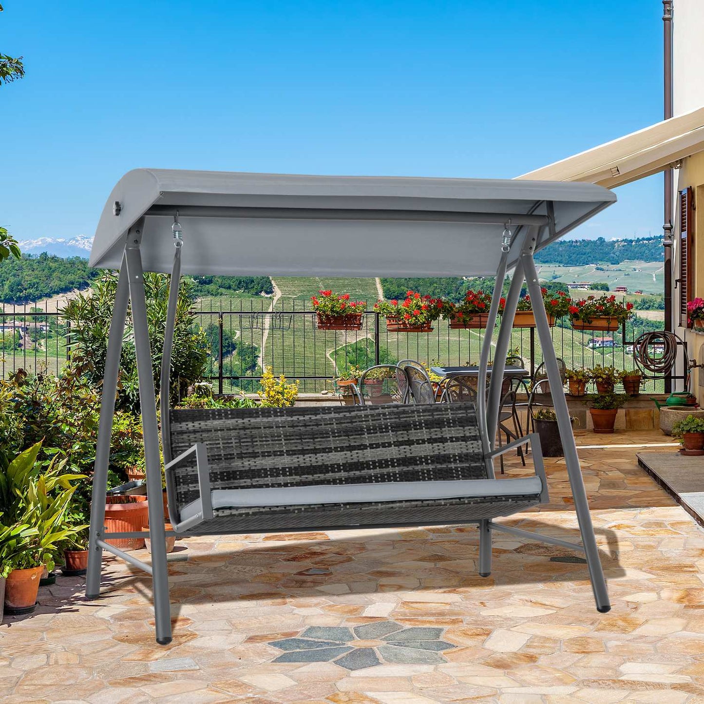 3-seat gray polyrattan garden swing with canopy